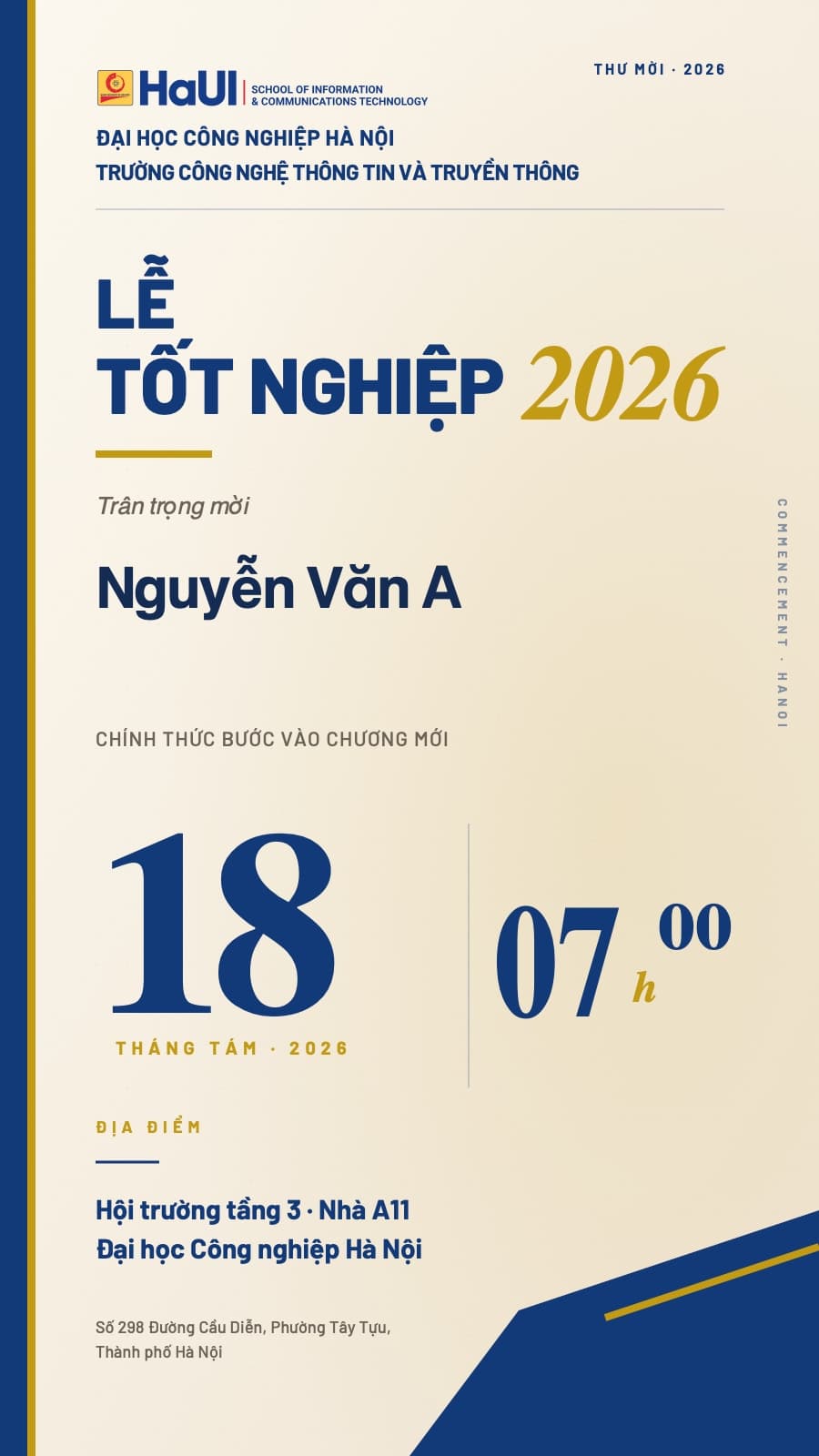 Mẫu thiệp mời cá nhân cho Lễ tốt nghiệp SICT 2026